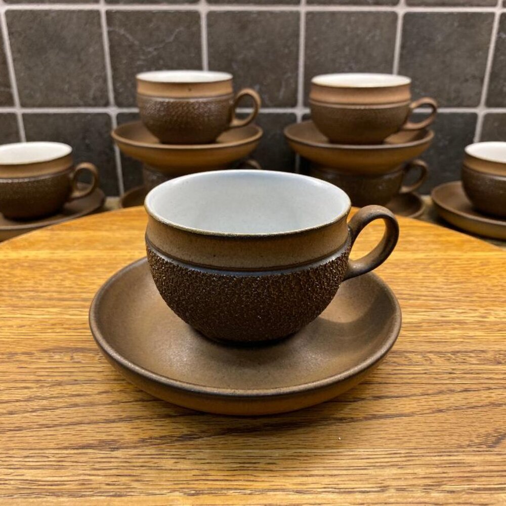 Vintage Denby Cotswold Pottery Acorn Textured Brown Mix Cup and Saucer